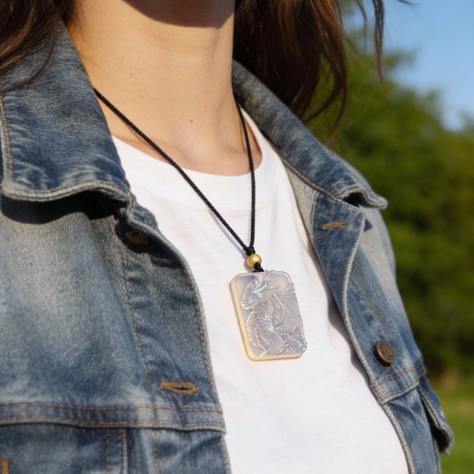 Byakhee Hand-Carved Icy Chalcedony Baby Dragon Pendant Necklace - Translucent White Agate Fantasy Winged Dragon Amulet for Women & Men, Gothic Mystical Jewelry Gift for Dragon Lovers