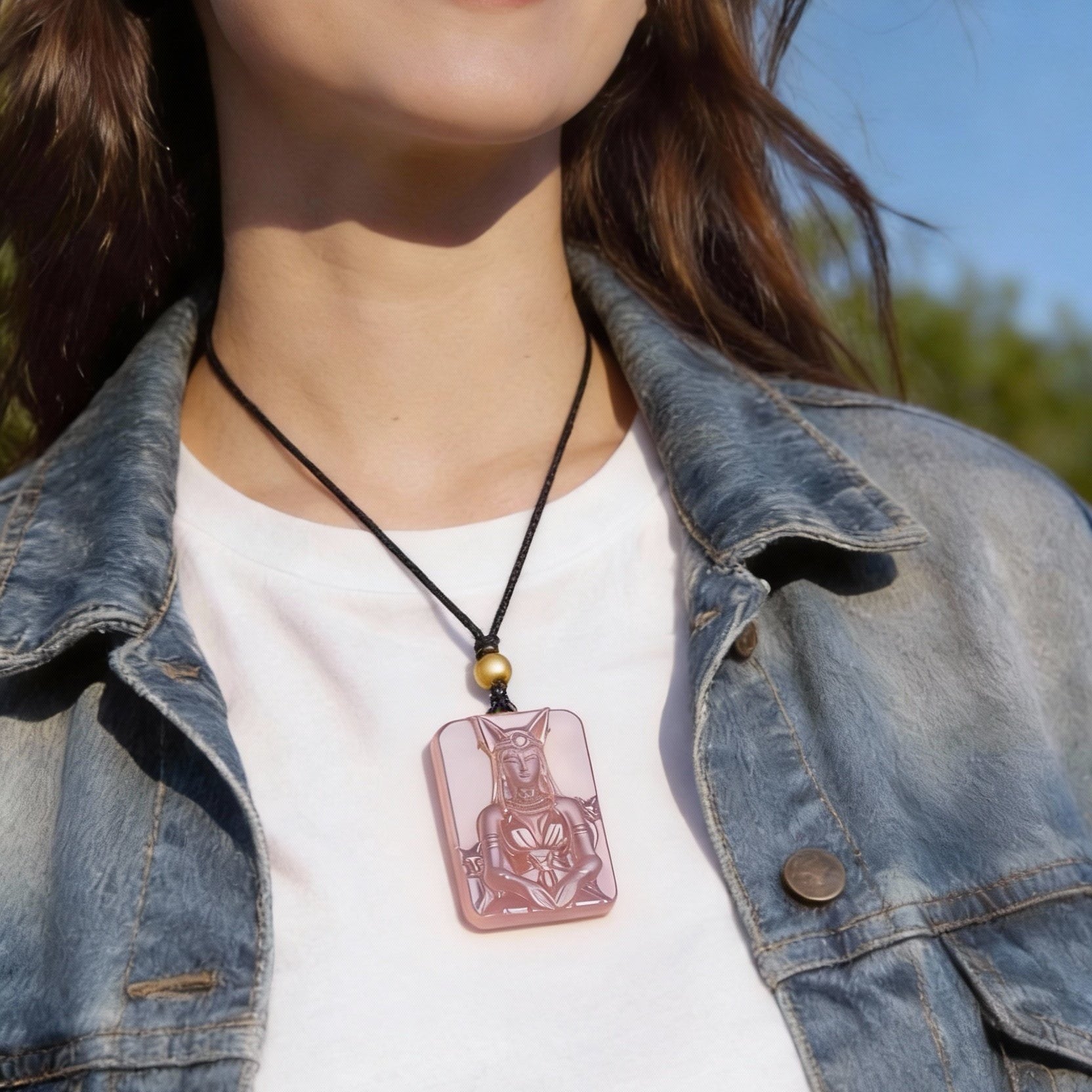 Hand Carved Bastet (Egyptian Cat Goddess) Rose Quartz Pendant | Black Cord Necklace