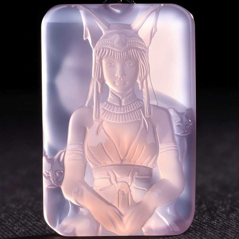 Hand Carved Bastet (Egyptian Cat Goddess) Rose Quartz Pendant | Black Cord Necklace