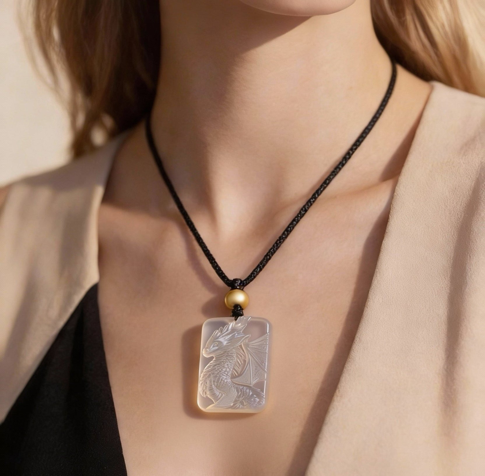 Byakhee Hand-Carved Icy Chalcedony Baby Dragon Pendant Necklace - Translucent White Agate Fantasy Winged Dragon Amulet for Women & Men, Gothic Mystical Jewelry Gift for Dragon Lovers